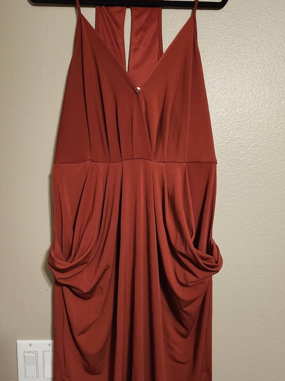 BCBGeneration Strapless Rust Red Draped Cocktail Dress